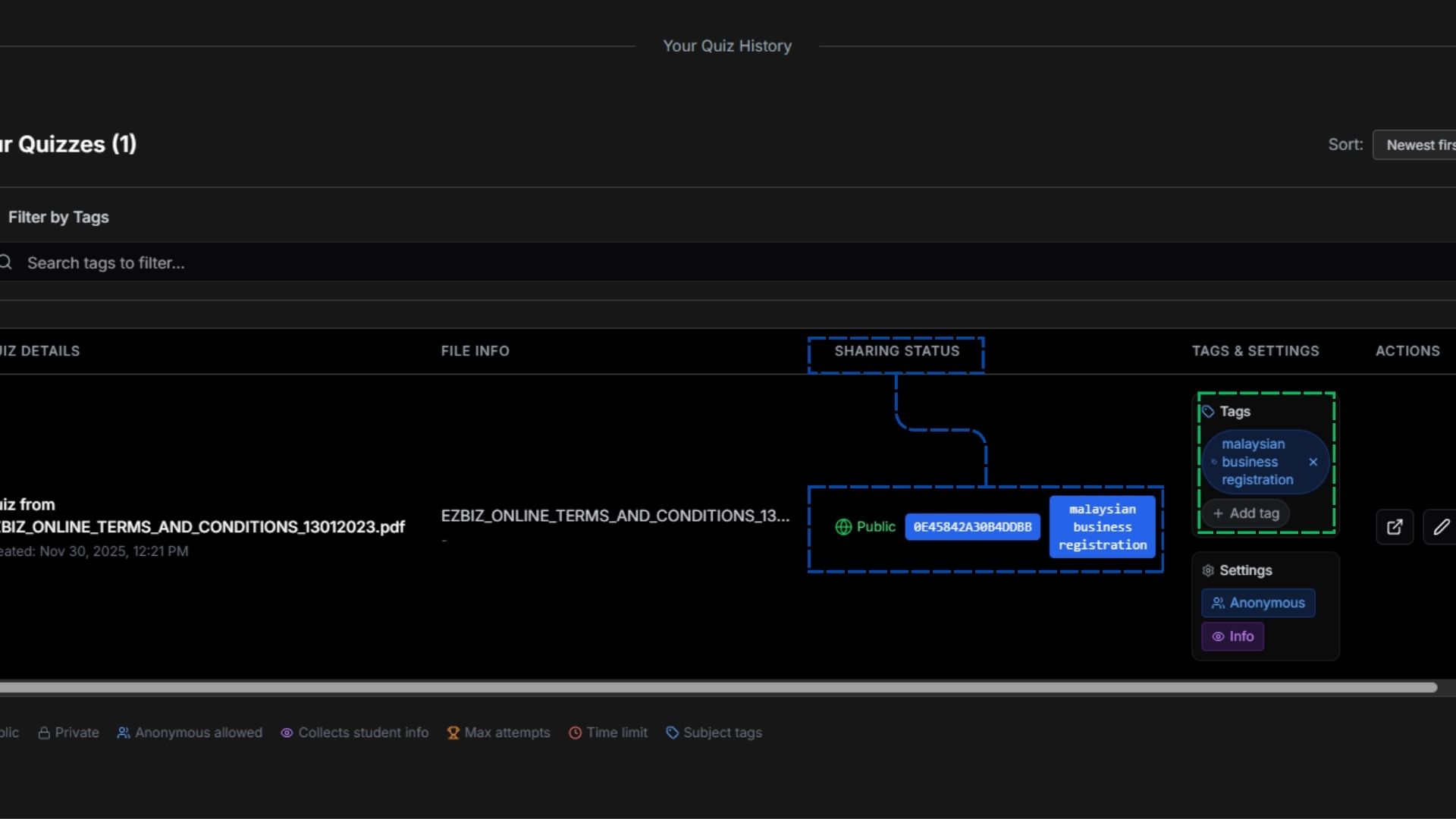 Tag functionality and sharing links interface